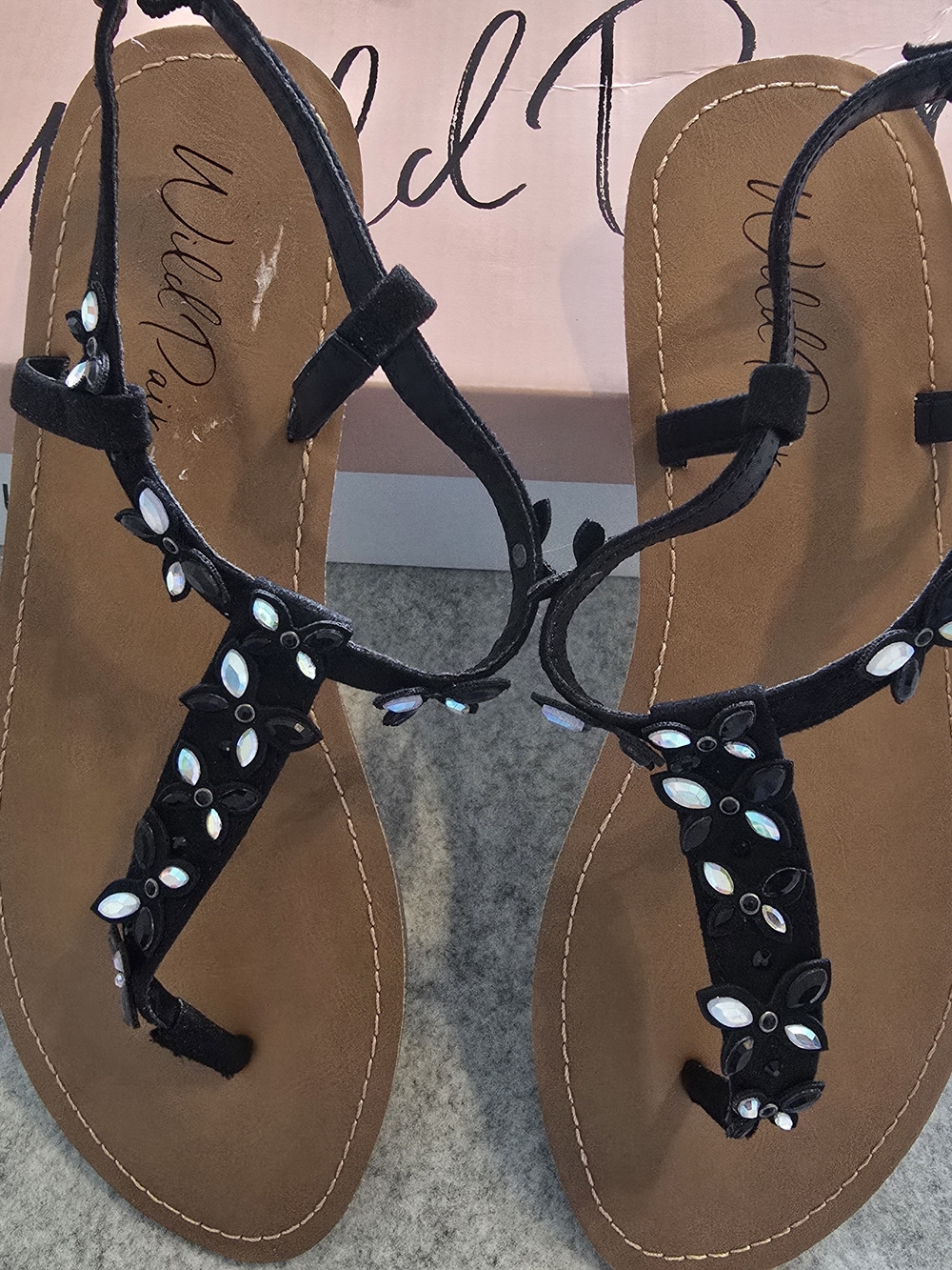 Wild Pair Black Jeweled T-Strap Sandals with Iridescent Accents